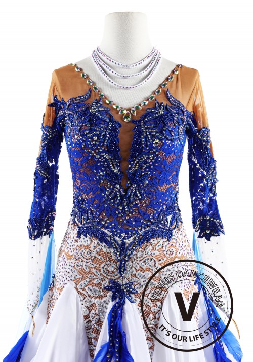 Blue and White Lace Feather Ballroom Smooth Competition Dance Dress