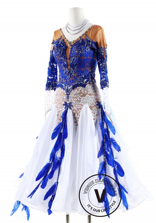 Blue and White Lace Feather Ballroom Smooth Competition Dance Dress