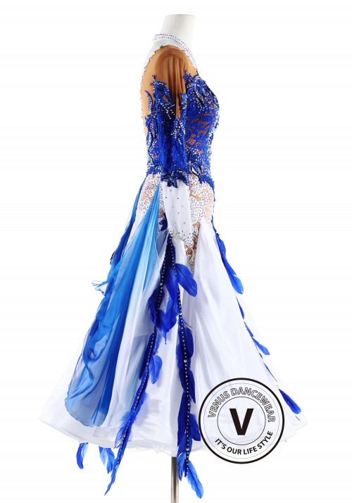 Blue and White Lace Feather Ballroom Smooth Competition Dance Dress