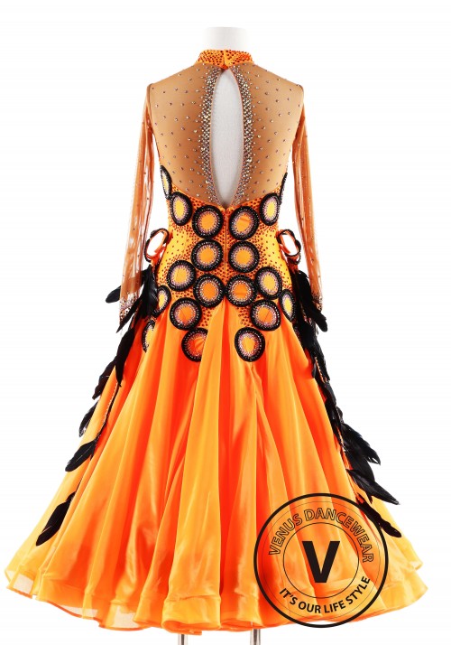 Orange with Black Feather Ballroom Smooth Competition Dance Dress