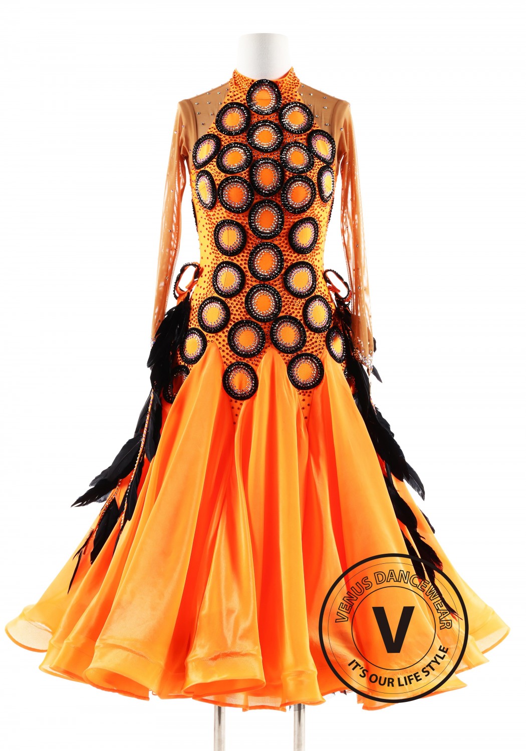 Orange with Black Feather Ballroom Smooth Competition Dance Dress
