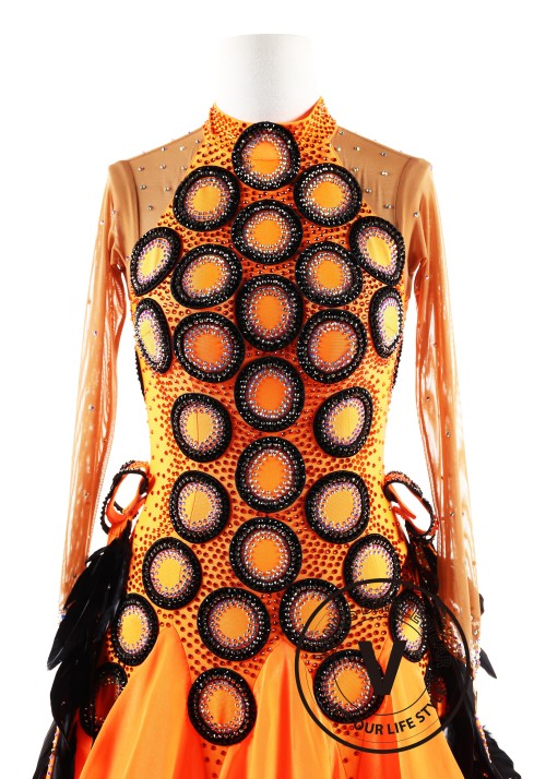 Orange with Black Feather Ballroom Smooth Competition Dance Dress