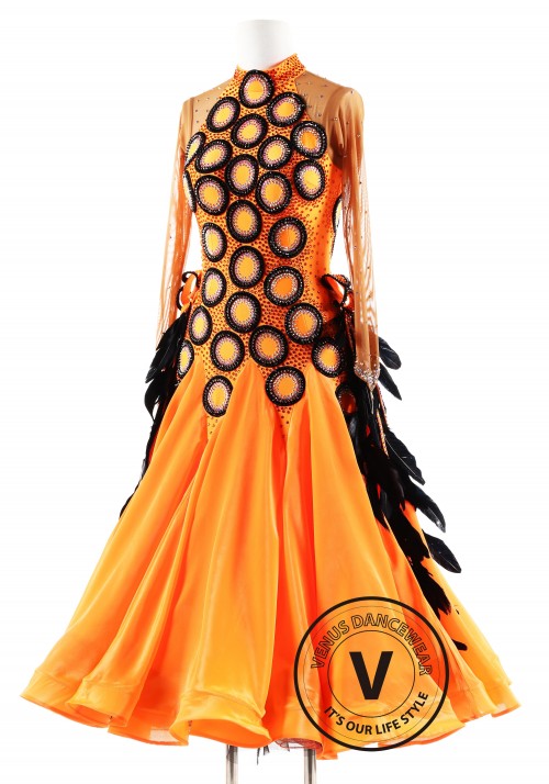 Orange with Black Feather Ballroom Smooth Competition Dance Dress