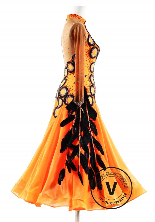 Orange with Black Feather Ballroom Smooth Competition Dance Dress