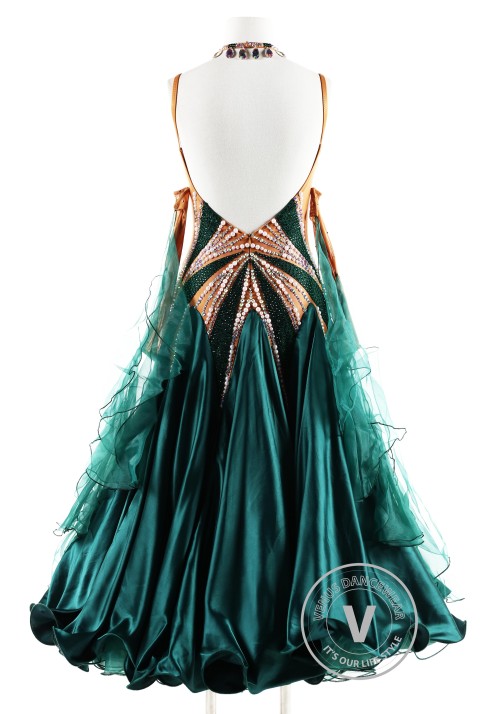 Dark Green gown with Pearl Ballroom Smooth Competition Dance Dress