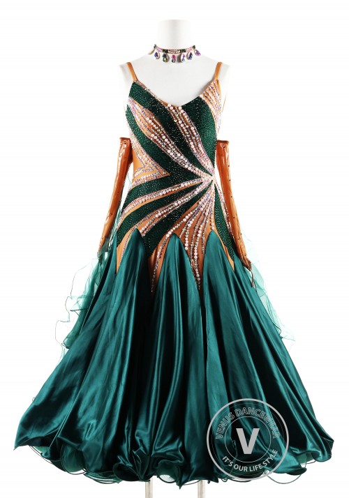 Dark Green Gown with Pearl Ballroom Smooth Competition Dance Dress