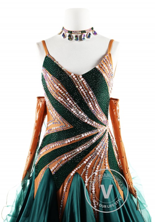 Dark Green gown with Pearl Ballroom Smooth Competition Dance Dress