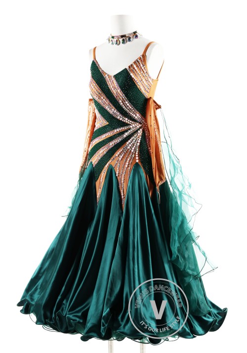 Dark Green gown with Pearl Ballroom Smooth Competition Dance Dress