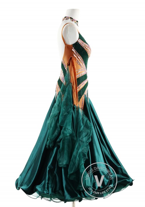 Dark Green gown with Pearl Ballroom Smooth Competition Dance Dress