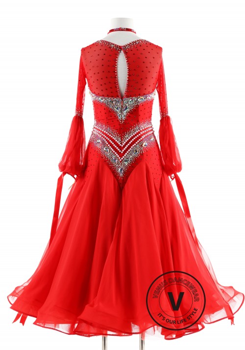 Red Gown with Pearl Ballroom Smooth Competition Dance Dress