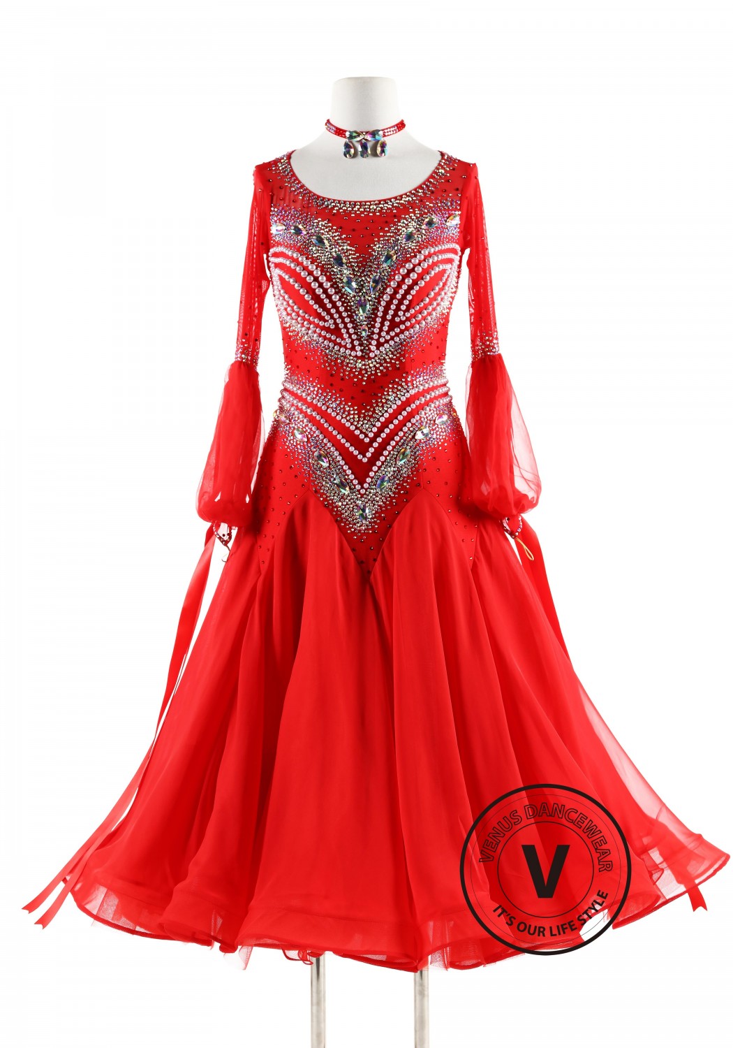 Red Gown with Pearl Ballroom Smooth Competition Dance Dress