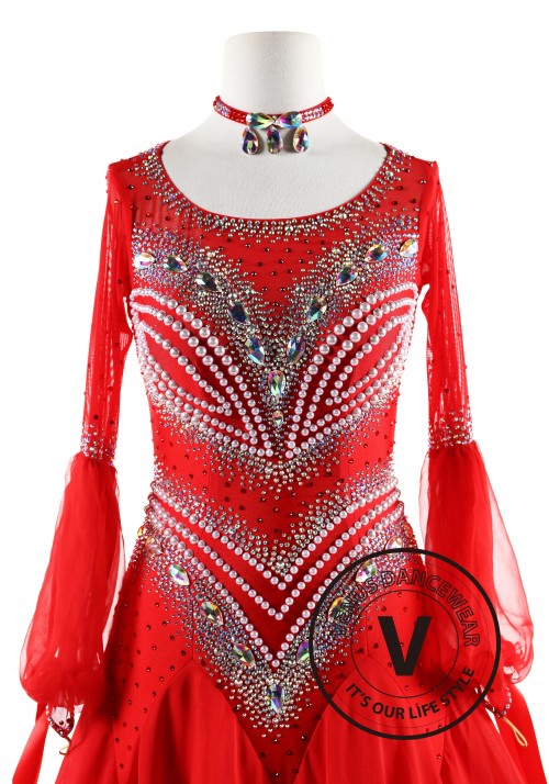 Red Gown with Pearl Ballroom Smooth Competition Dance Dress