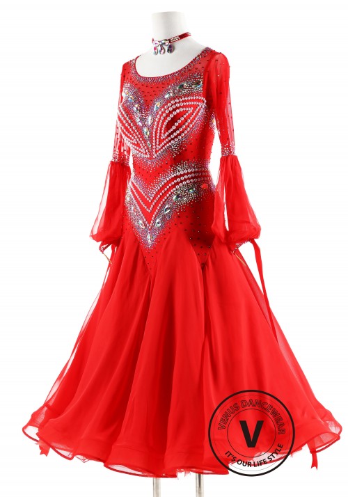 Red Gown with Pearl Ballroom Smooth Competition Dance Dress