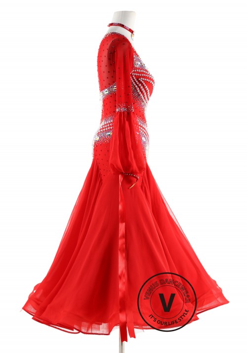 Red Gown with Pearl Ballroom Smooth Competition Dance Dress