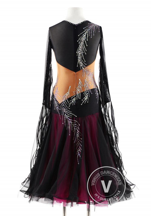 Black gown with crystal Peacock feather Ballroom Smooth Competition Dance Dress