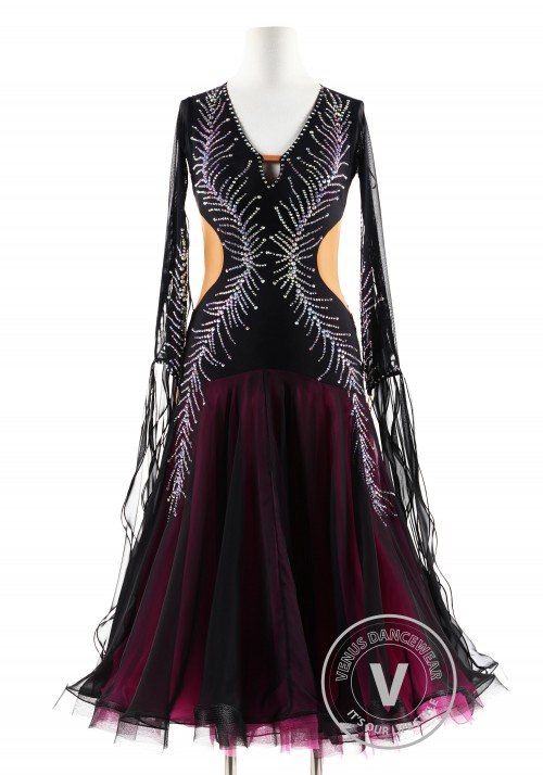 Black gown with crystal Peacock feather Ballroom Smooth Competition Dance Dress