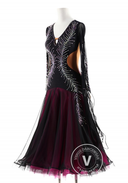 Black gown with crystal Peacock feather Ballroom Smooth Competition Dance Dress