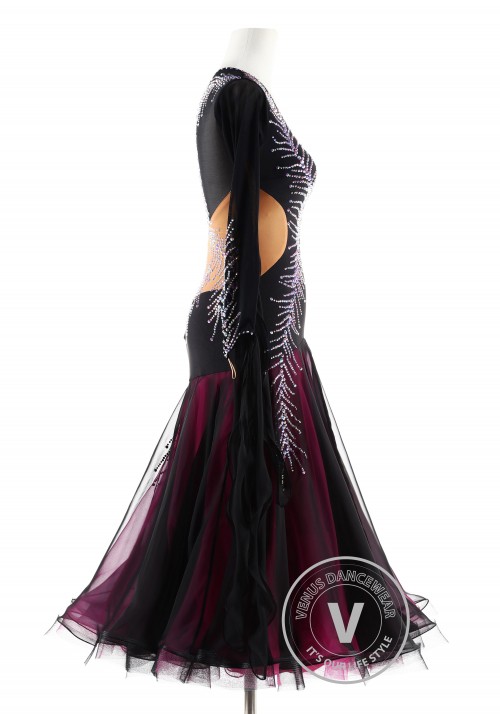 Black gown with crystal Peacock feather Ballroom Smooth Competition Dance Dress