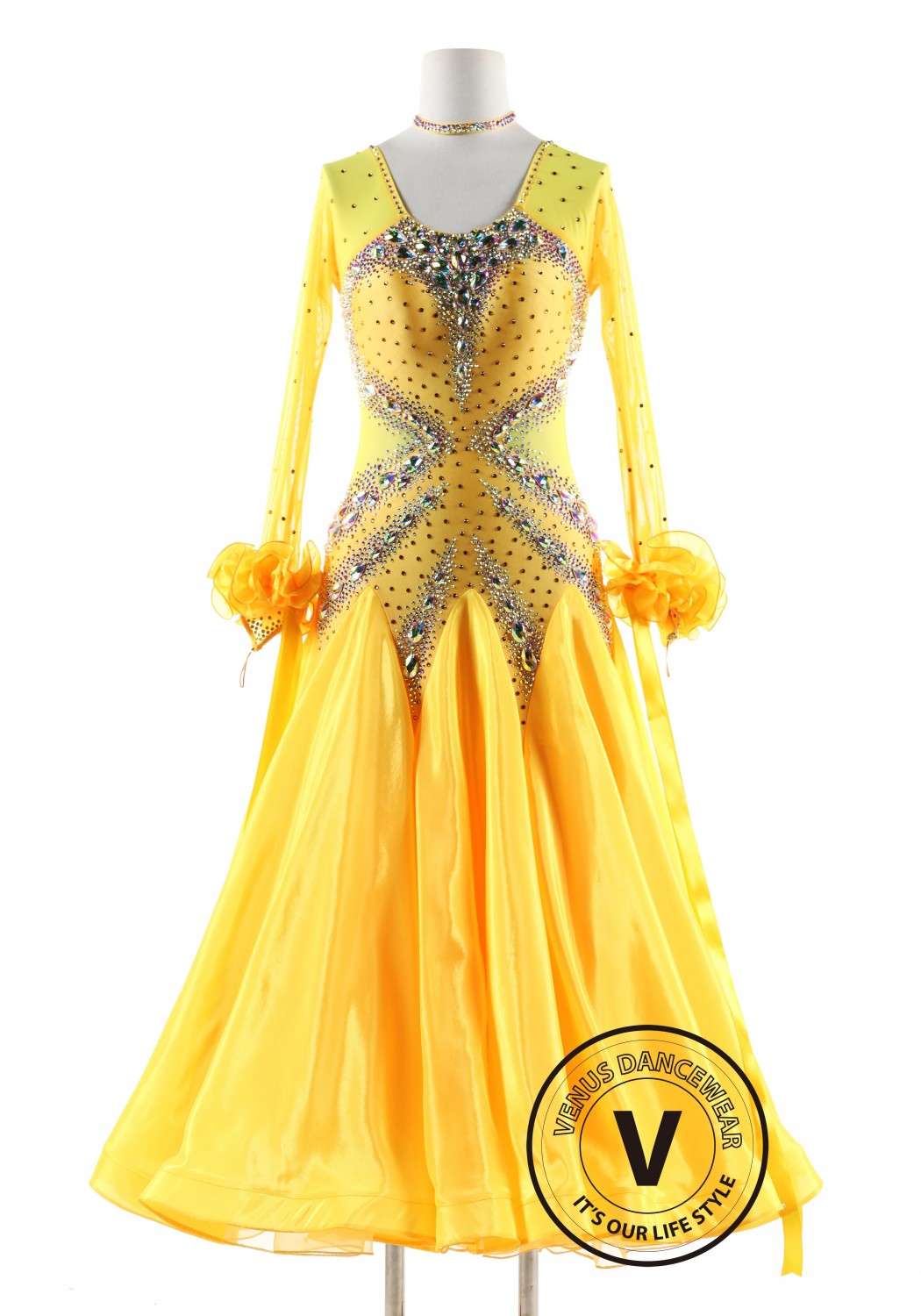Yellow Crystal diamond Ballroom Smooth Competition Dance Dress