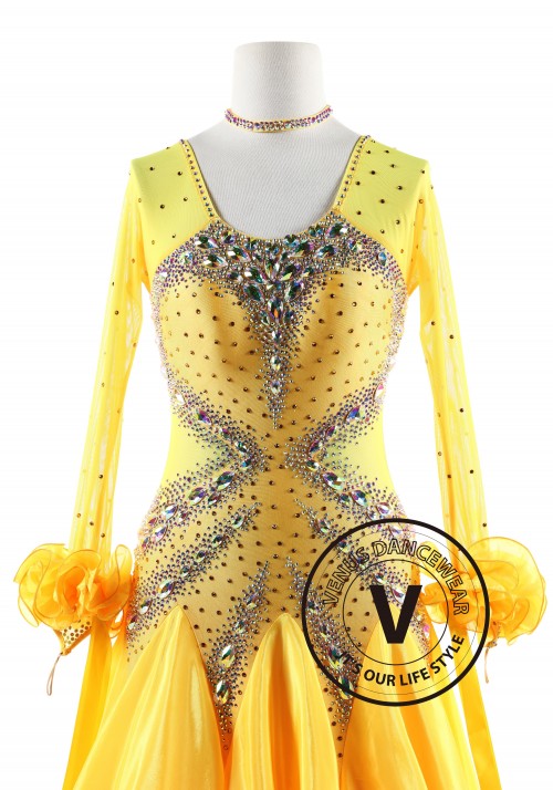 Yellow Crystal diamond Ballroom Smooth Competition Dance Dress