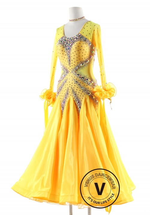 Yellow Crystal diamond Ballroom Smooth Competition Dance Dress