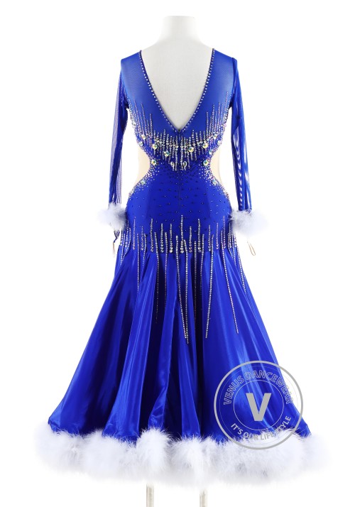 Royal Blue Gown with White feather Ballroom Smooth Competition Dance Dress