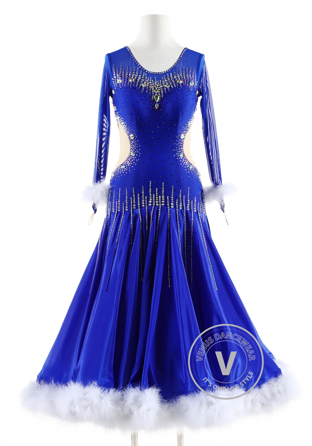 Royal Blue Gown with White feather Ballroom Smooth Competition Dance Dress