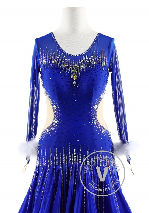 Royal Blue Gown with White feather Ballroom Smooth Competition Dance Dress