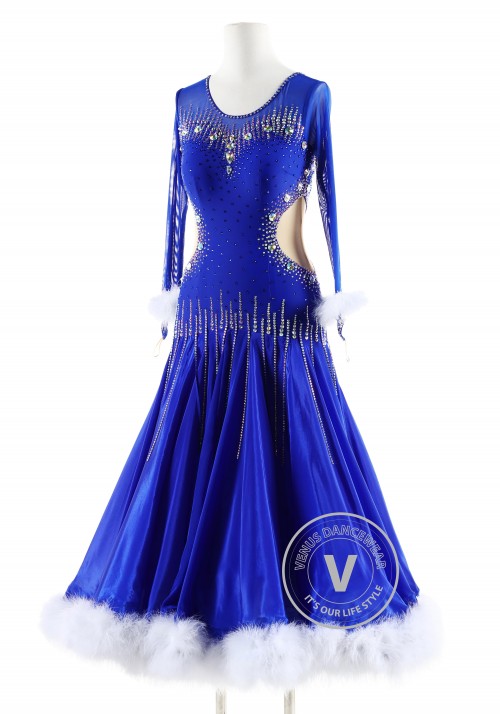 Royal Blue Gown with White feather Ballroom Smooth Competition Dance Dress