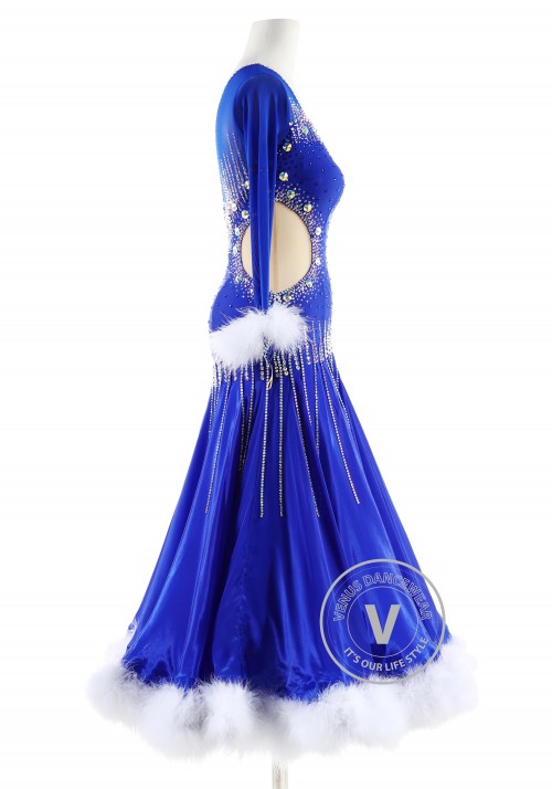 Royal Blue Gown with White feather Ballroom Smooth Competition Dance Dress