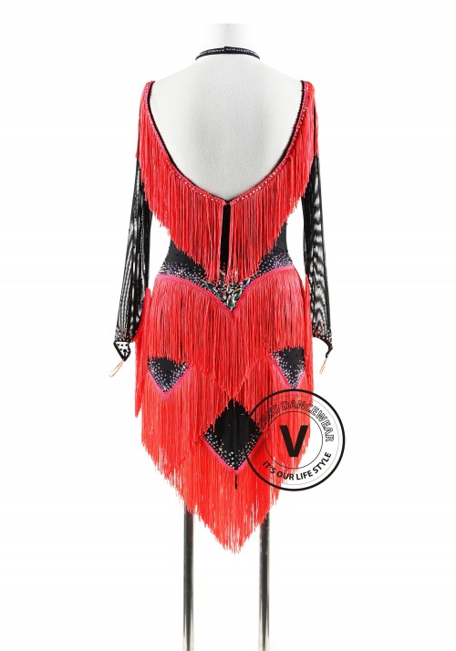 fringe  Black and Coral Red fringe Latin Rhythm Competition Dance Dress