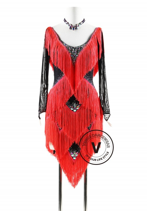 Black and Coral Red fringe Latin Rhythm Competition Dance Dress