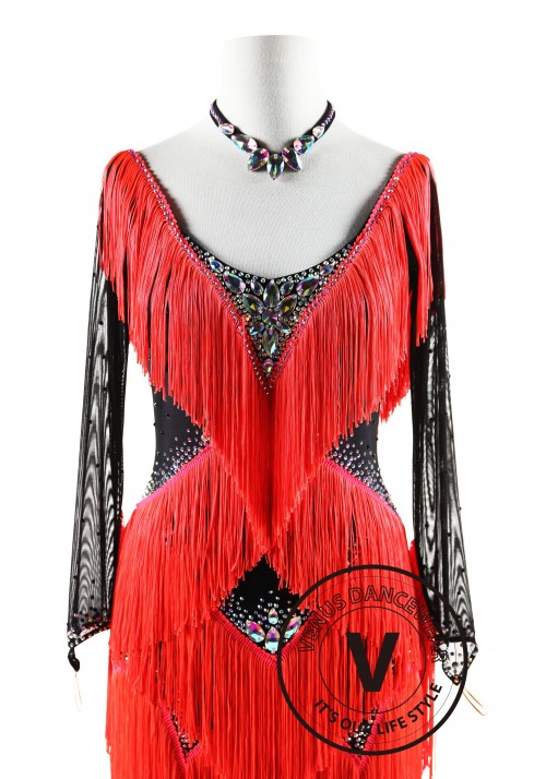 fringe  Black and Coral Red fringe Latin Rhythm Competition Dance Dress