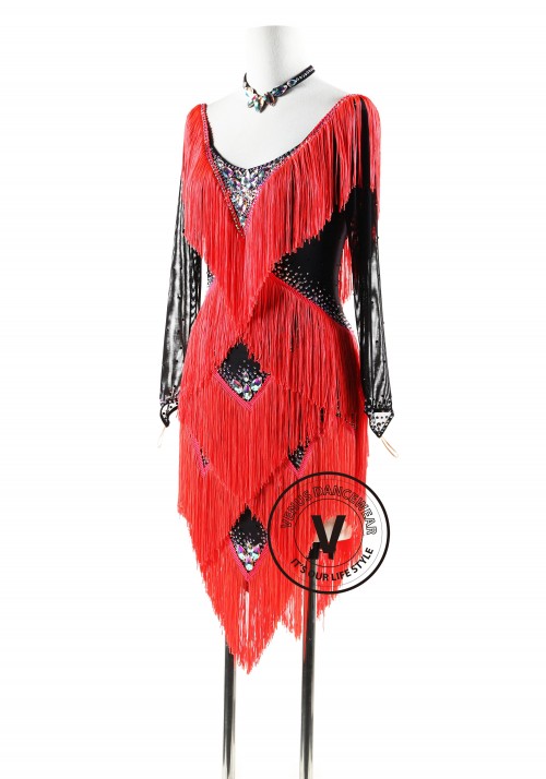 fringe  Black and Coral Red fringe Latin Rhythm Competition Dance Dress