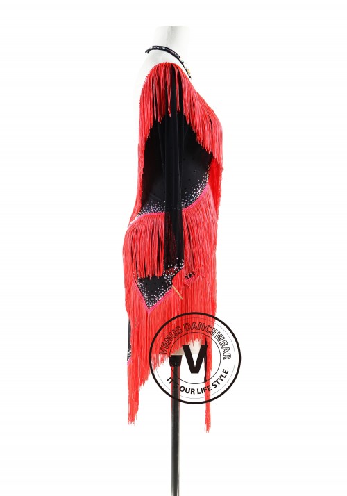 fringe  Black and Coral Red fringe Latin Rhythm Competition Dance Dress