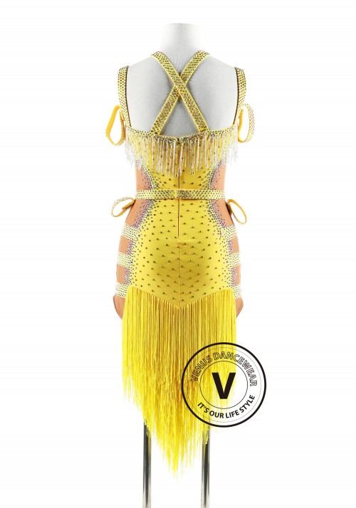 Yellow fringe with beading cubes Latin Rhythm Competition Dance Dress