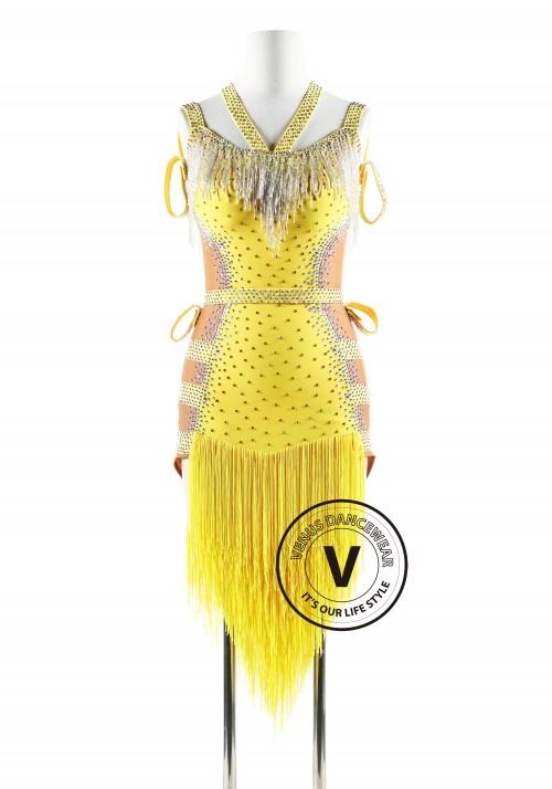 Yellow fringe with beading cubes Latin Rhythm Competition Dance Dress