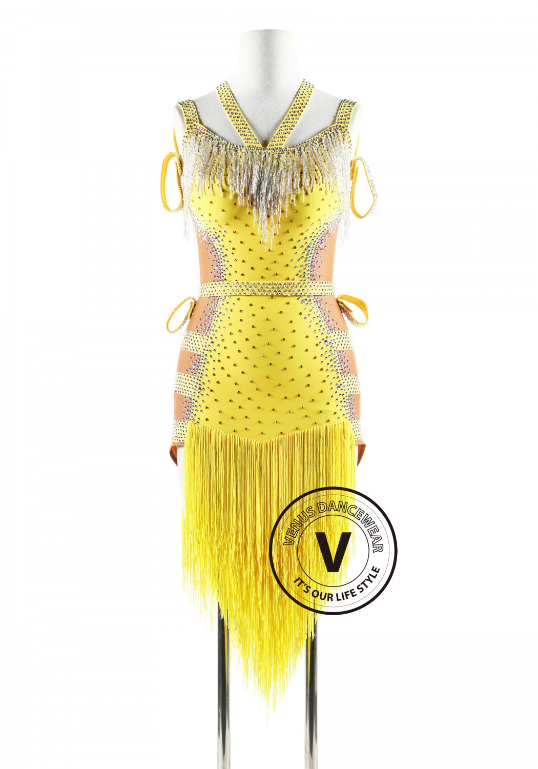 Yellow fringe with beading cubes Latin Rhythm Competition Dance Dress