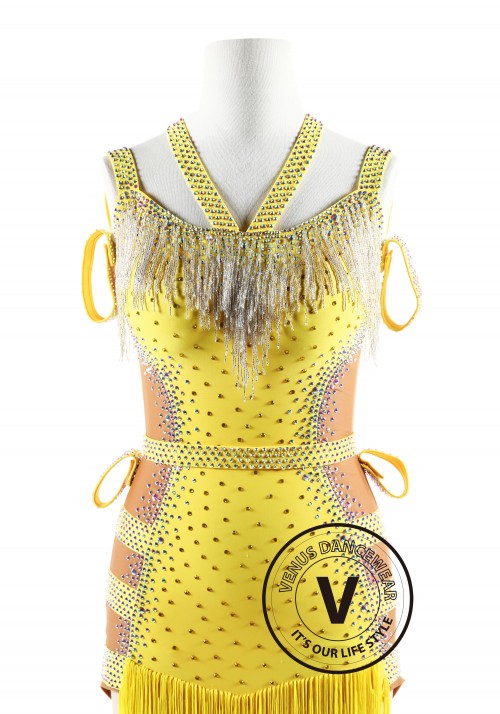 Yellow fringe with beading cubes Latin Rhythm Competition Dance Dress