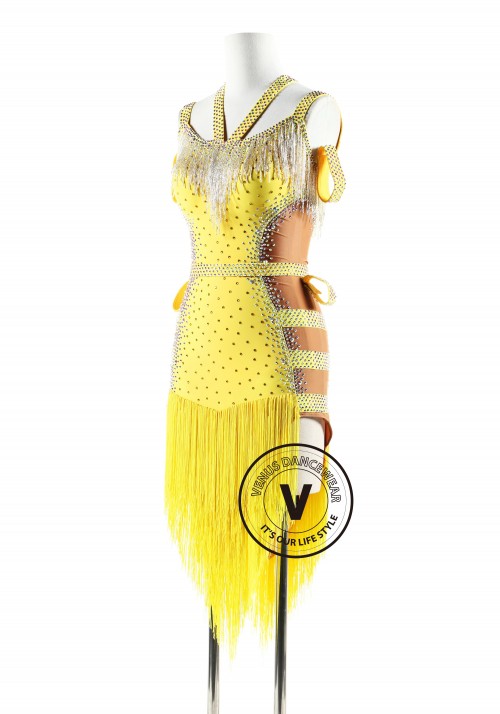 Yellow fringe with beading cubes Latin Rhythm Competition Dance Dress