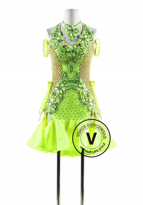 Neo Green Netting Latin Rhythm Competition Dance Dress