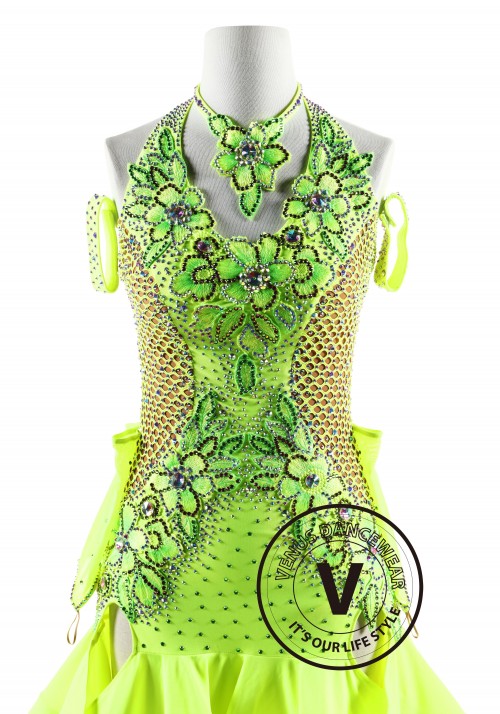 Neo Green Netting Latin Rhythm Competition Dance Dress