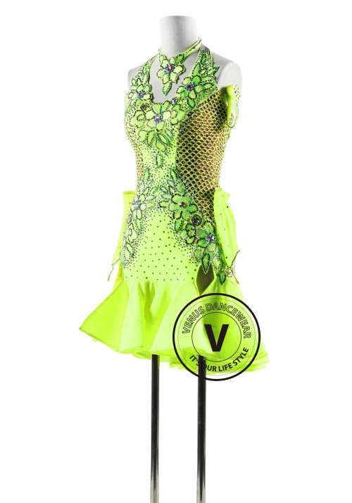 Neo Green Netting Latin Rhythm Competition Dance Dress