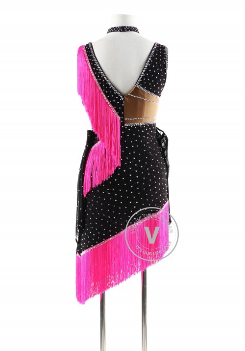 Black Dress with Barbie Pink Fringe Latin Rhythm Competition Dance Dress