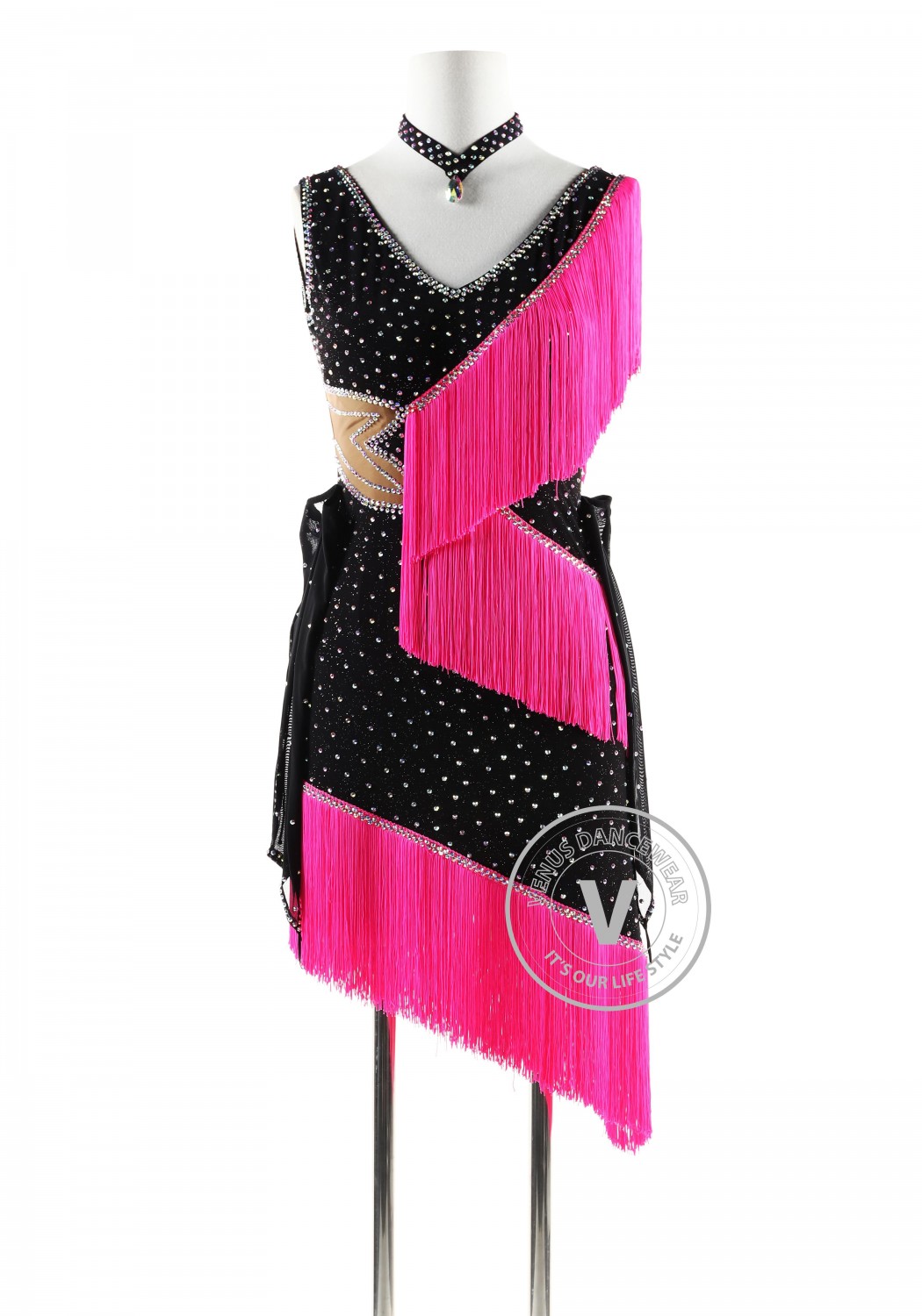 Black Dress with Barbie Pink Fringe Latin Rhythm Competition Dance Dress