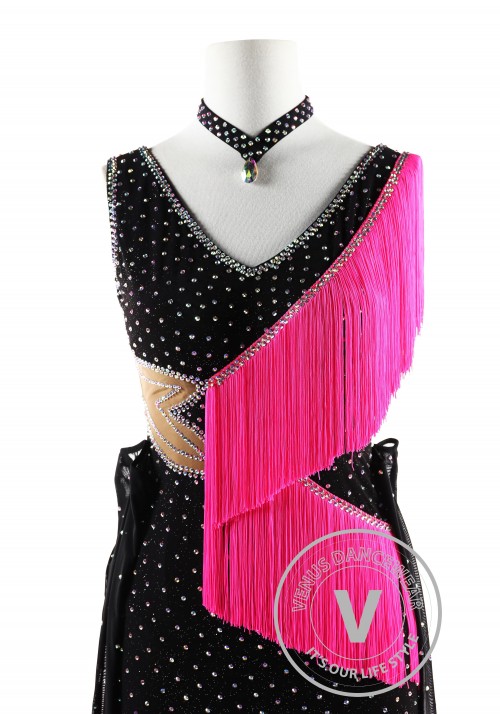 Black Dress with Barbie Pink Fringe Latin Rhythm Competition Dance Dress