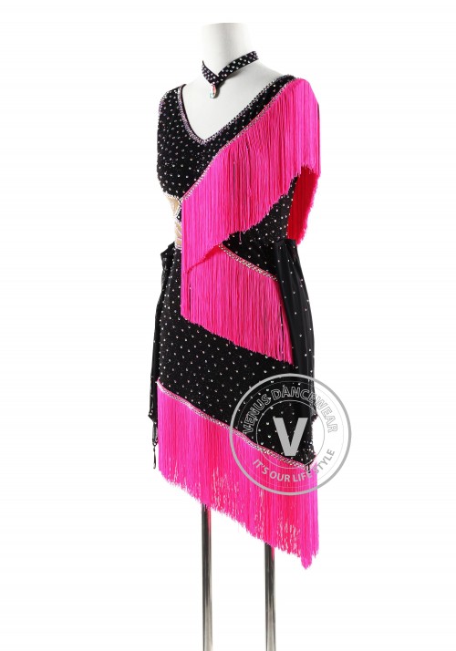 Black Dress with Barbie Pink Fringe Latin Rhythm Competition Dance Dress