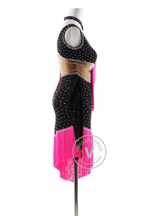 Black Dress with Barbie Pink Fringe Latin Rhythm Competition Dance Dress