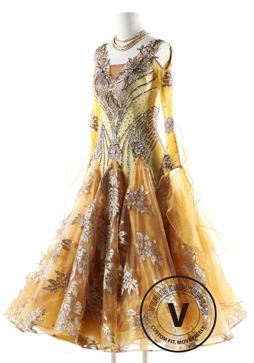 Royal Golden Color Ballroom Smooth Competition Dance Dress