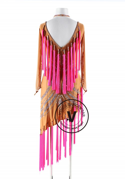 Tan and Pink Tassels Latin Rhythm Competition Dance Dress